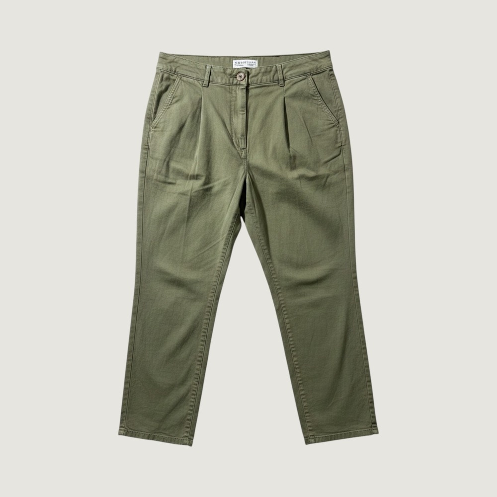 Primark Denim Co Women Olive Green Pleated Chino Trousers High Rise Size 14 US